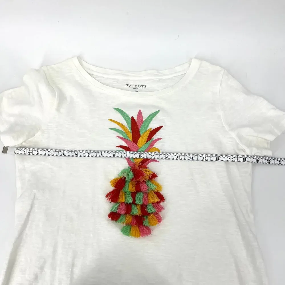 Talbots Petite Womens Embroidered Pineapple Tassls Cotton Size M Petite